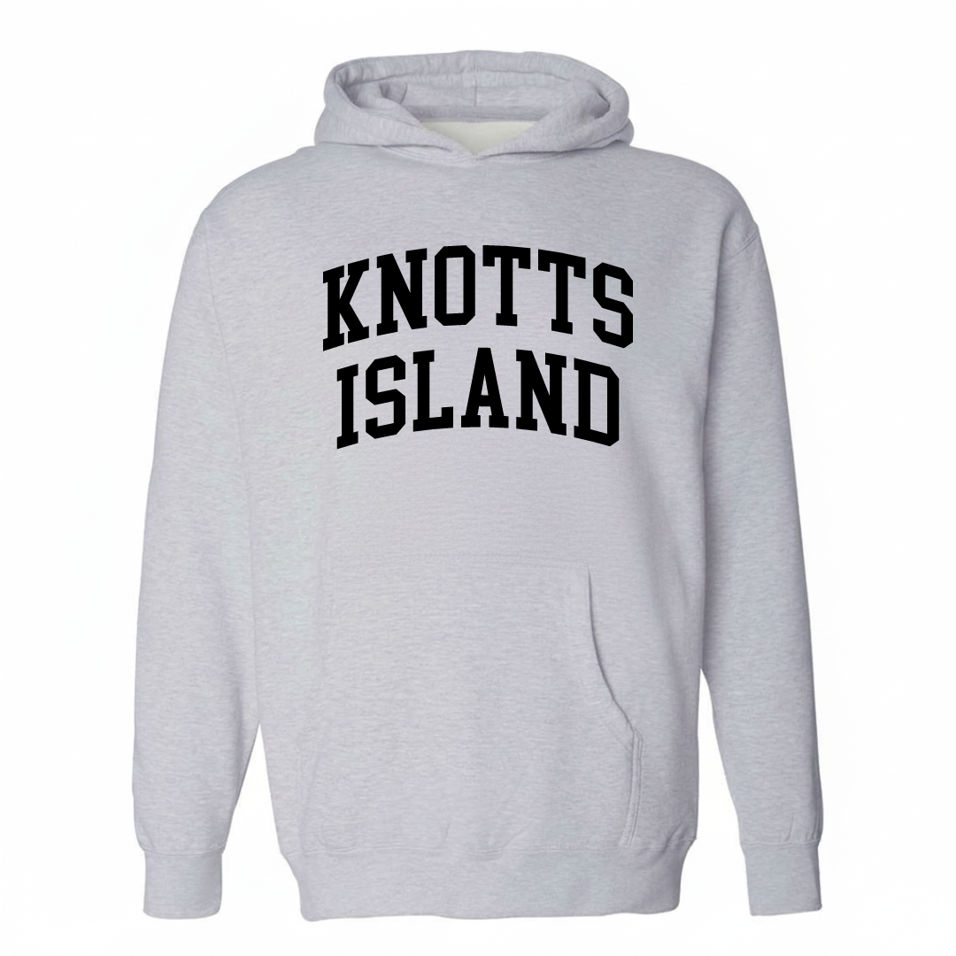 Heather-gray hoodie with the Knotts Island arched varsity lettering design on the chest.