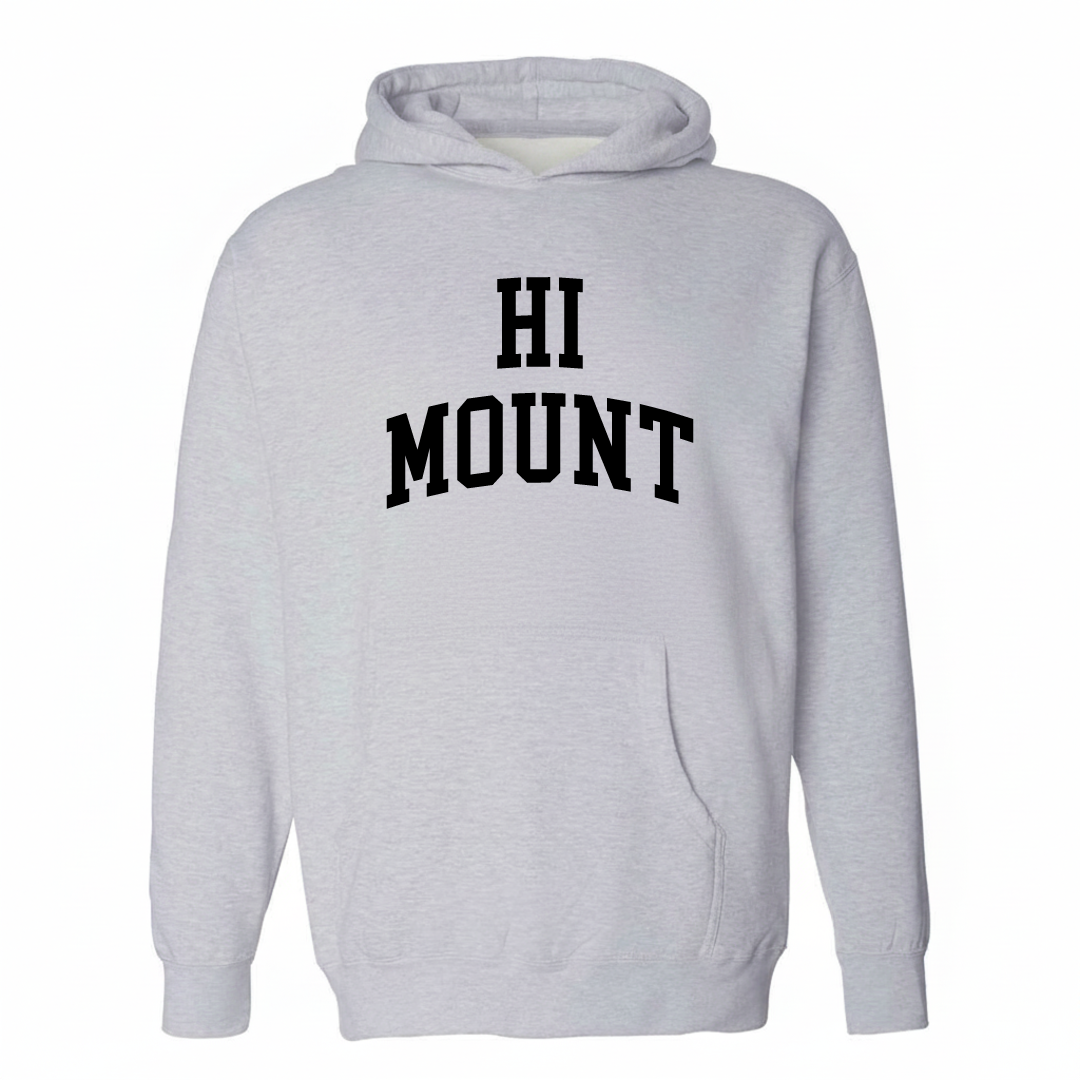Heather-gray hoodie with the Hi-Mount varsity arched lettering design on the chest.