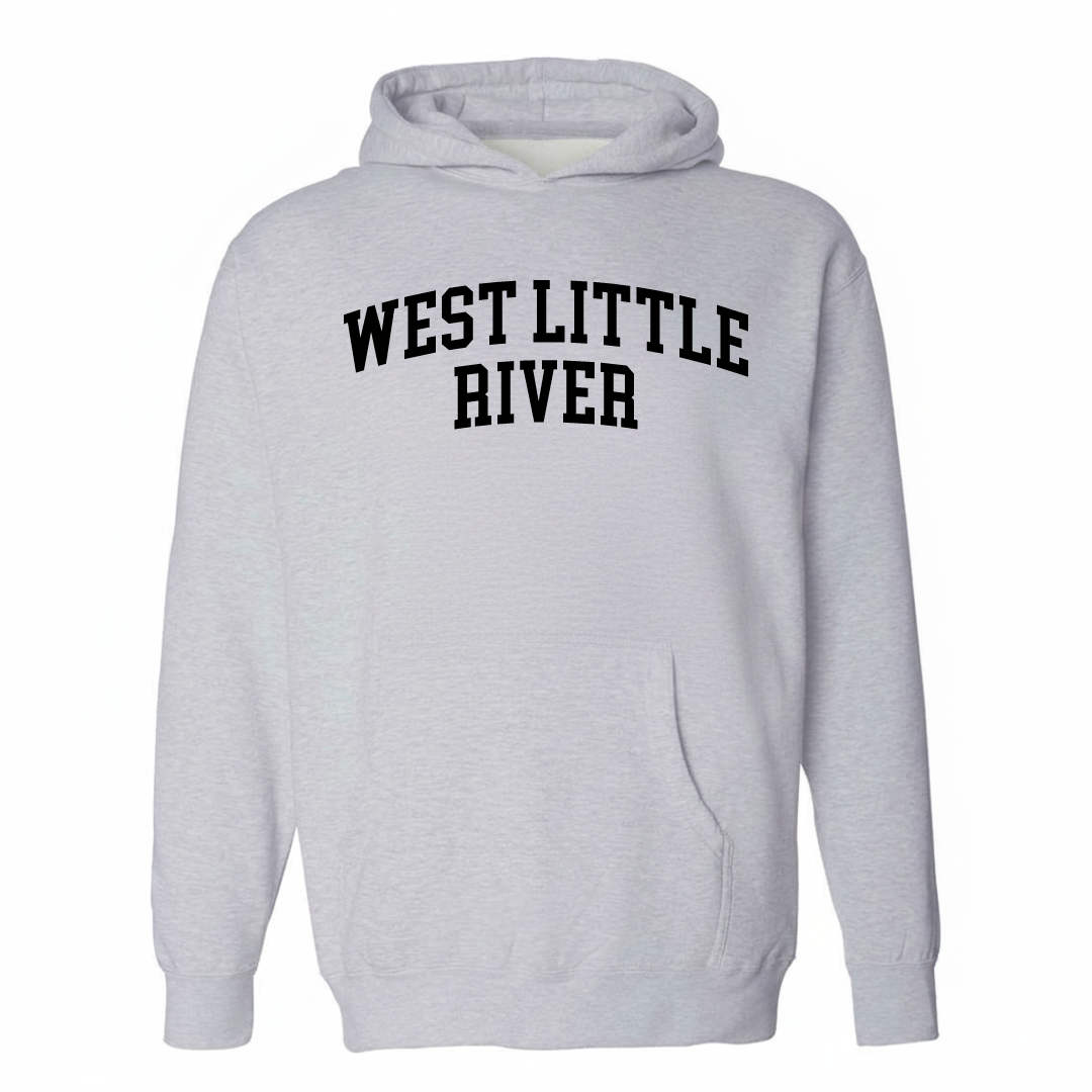 Heather-gray hoodie with the West Little River varsity arched lettering design on the chest.