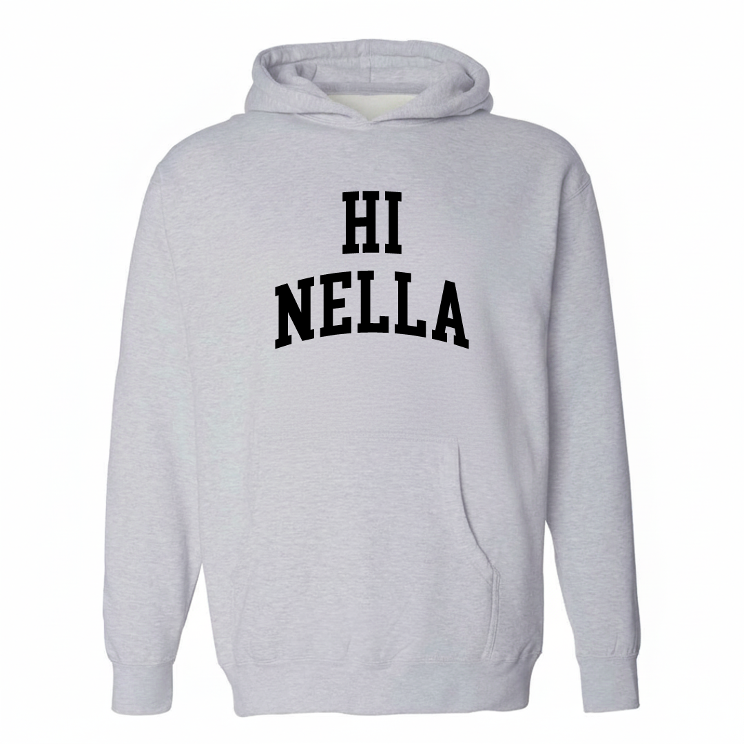 Heather-gray hoodie with the Hi-Nella varsity arched lettering design on the chest.