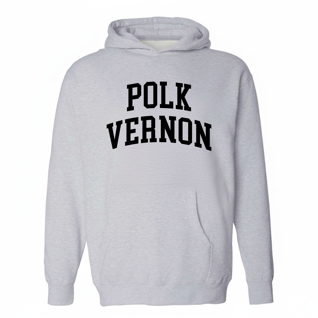 Heather-gray hoodie with the Polk-Vernon varsity arched lettering design on the chest.