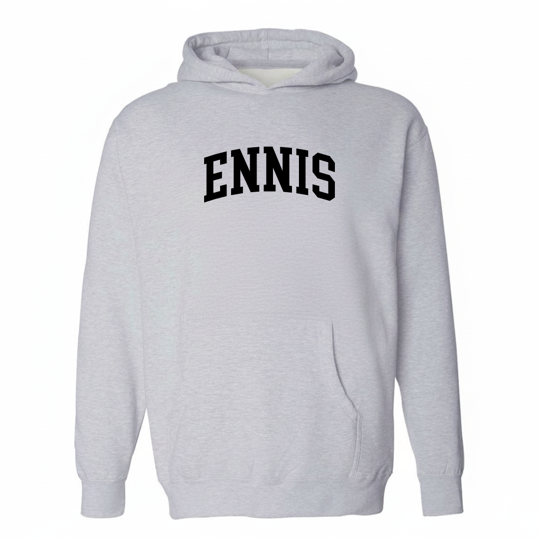 Heather-gray hoodie with the Ennis Madison Valley varsity arched lettering design on the chest.