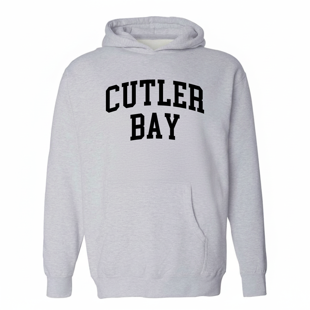 Heather-gray hoodie with the Cutler Bay varsity arched lettering design on the chest.