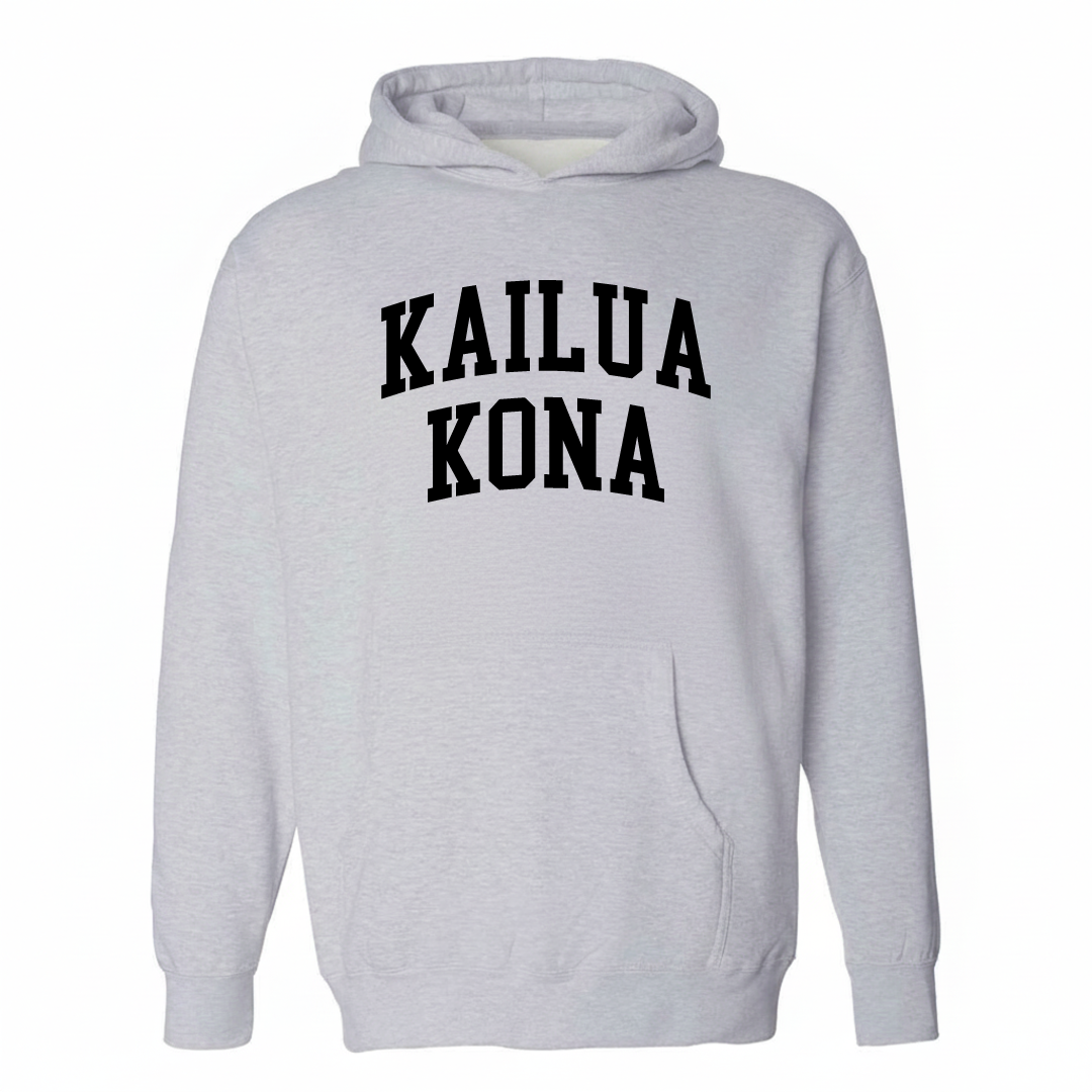 Heather-gray hoodie with the Kailua-Kona varsity arched lettering design on the chest.