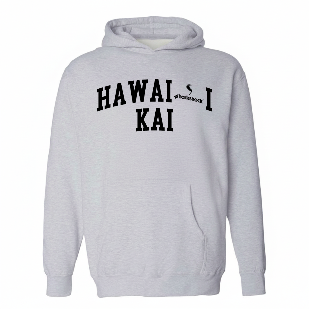 Heather-gray hoodie with the Hawaiʻi Kai varsity arched lettering design on the chest.