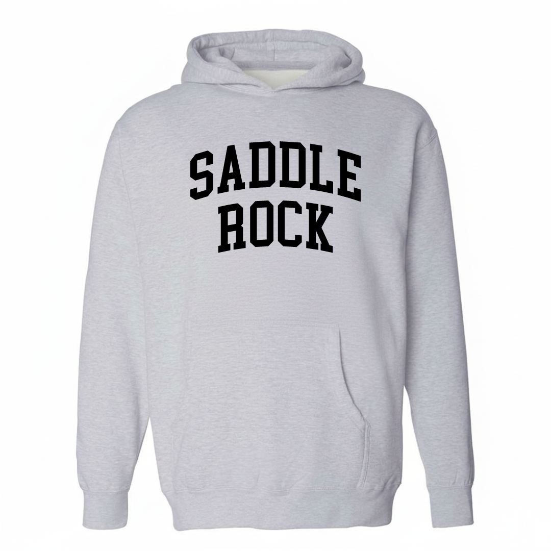 Heather-gray hoodie with the Saddle Rock varsity arched lettering design on the chest.