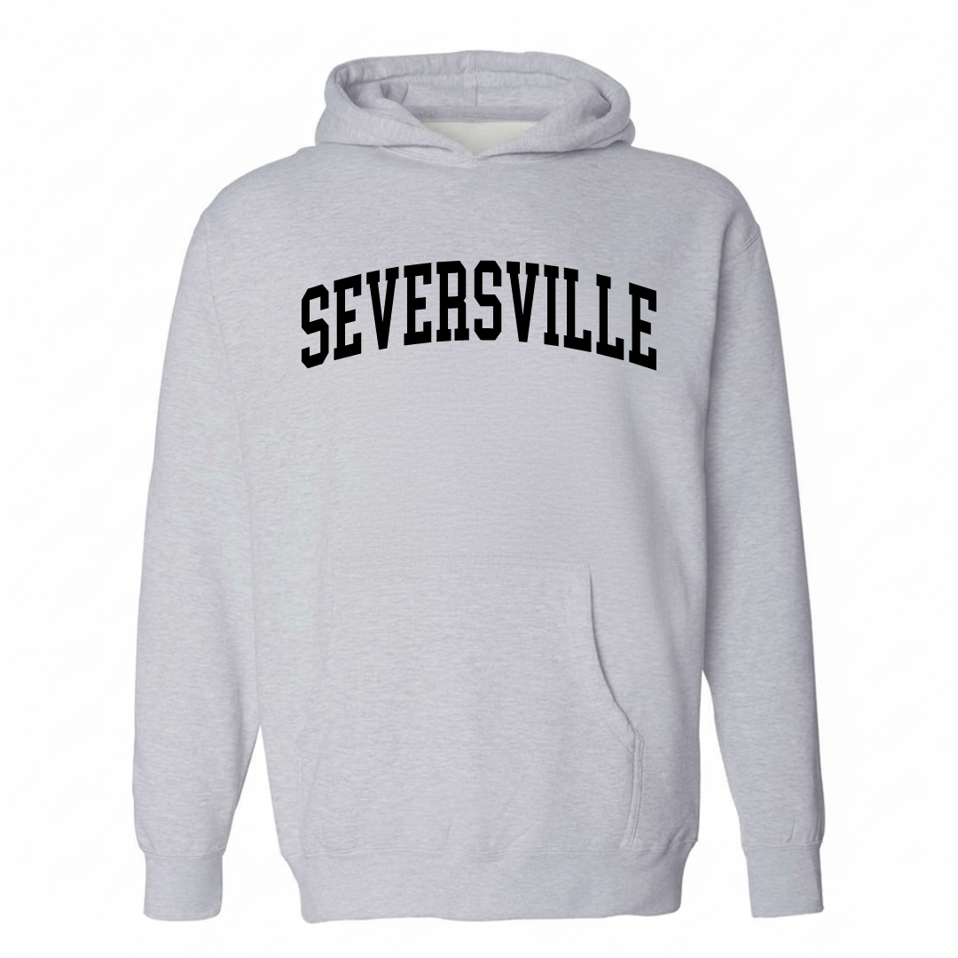 Heather-gray hoodie with the Seversville varsity arched lettering design on the chest.
