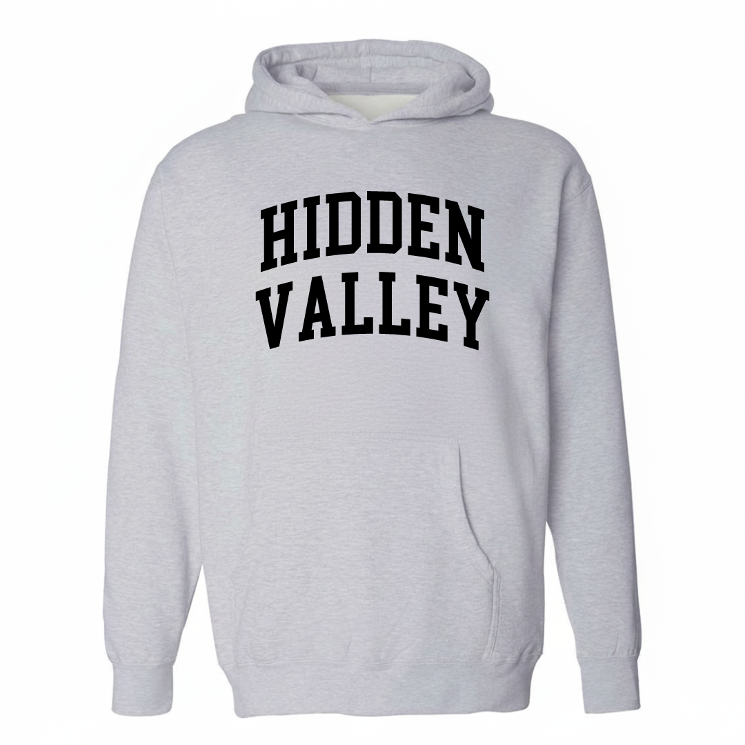 Heather-gray hoodie with the Hidden Valley varsity arched lettering design on the chest.