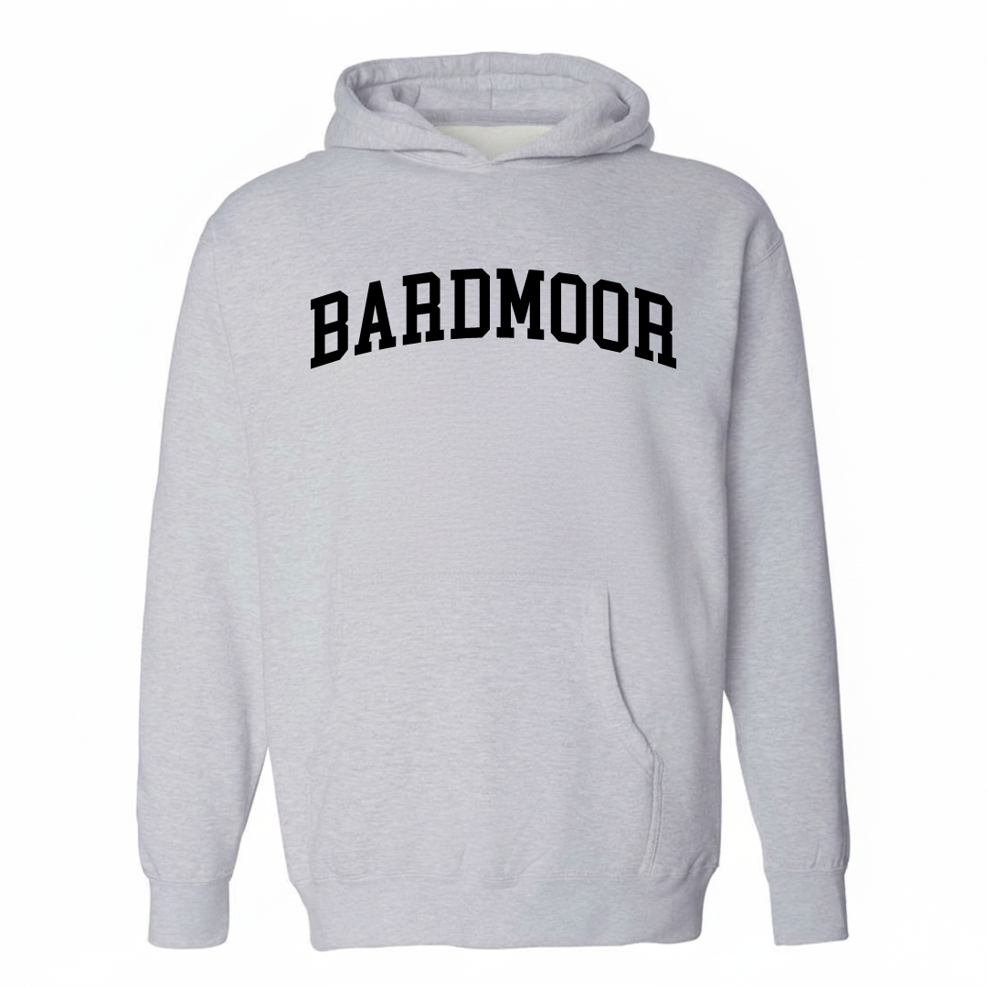 Heather-gray hoodie with the Bardmoor varsity arched lettering design on the chest.