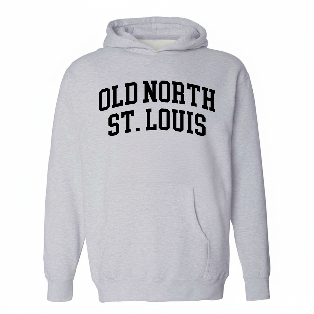 Heather-gray hoodie with the Old North St. Louis arched lettering design on the chest.