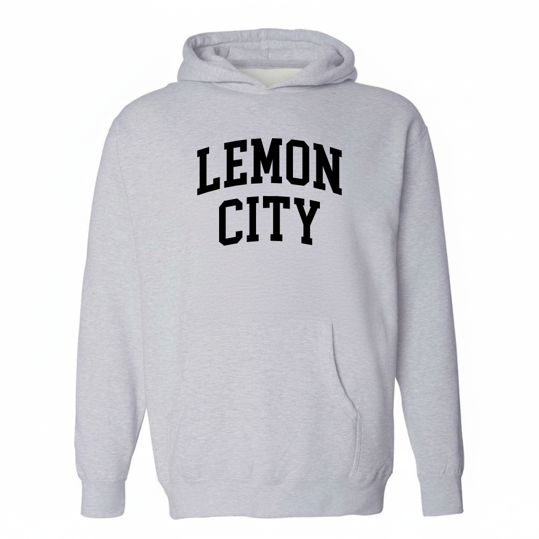 Heather-gray hoodie with the Lemon City varsity arched lettering design on the chest.