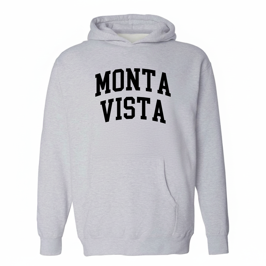 Heather-gray hoodie with the Monta Vista arched lettering varsity-collegiate design on the chest.