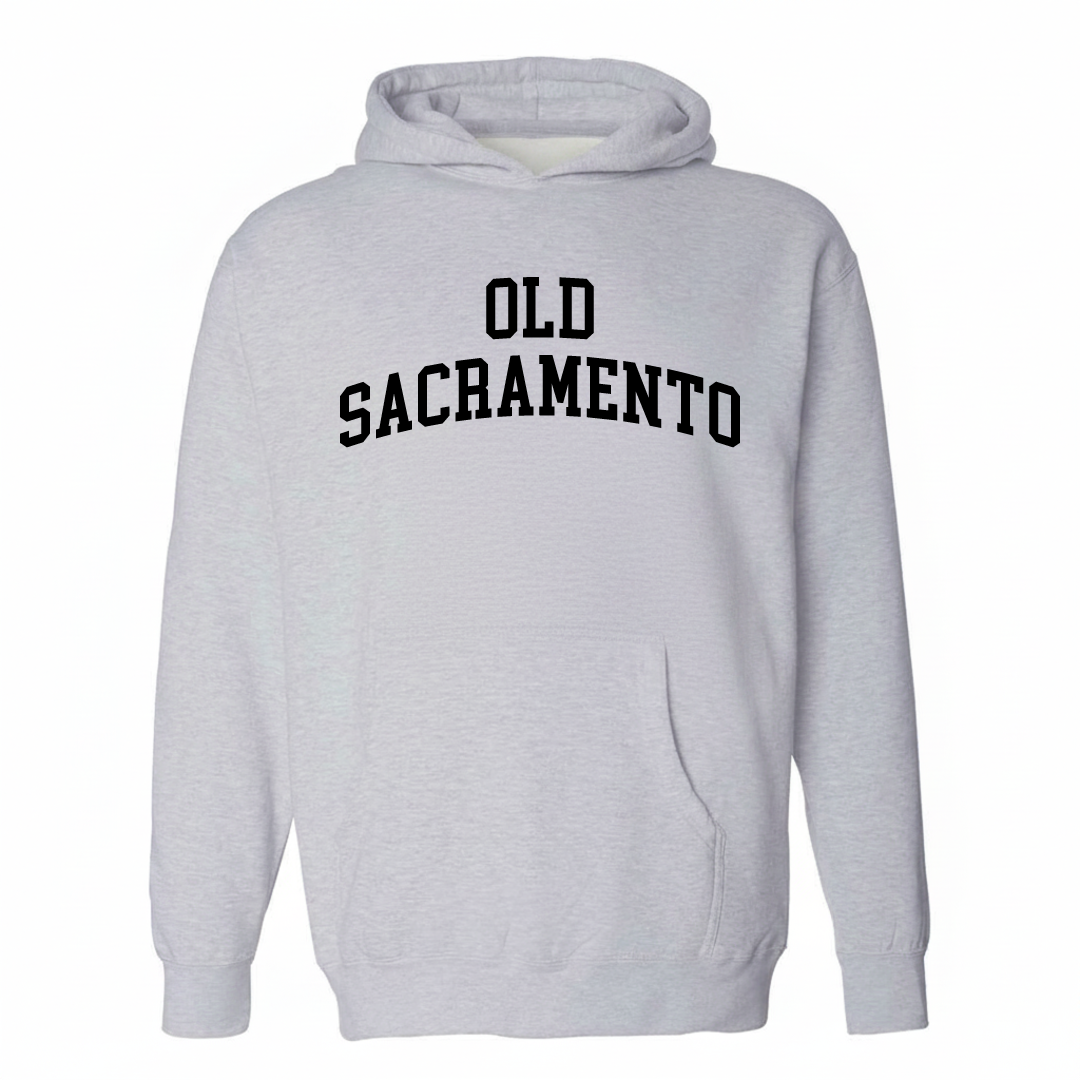 Heather-gray hoodie with the Old Sacramento varsity arched lettering design on the chest.