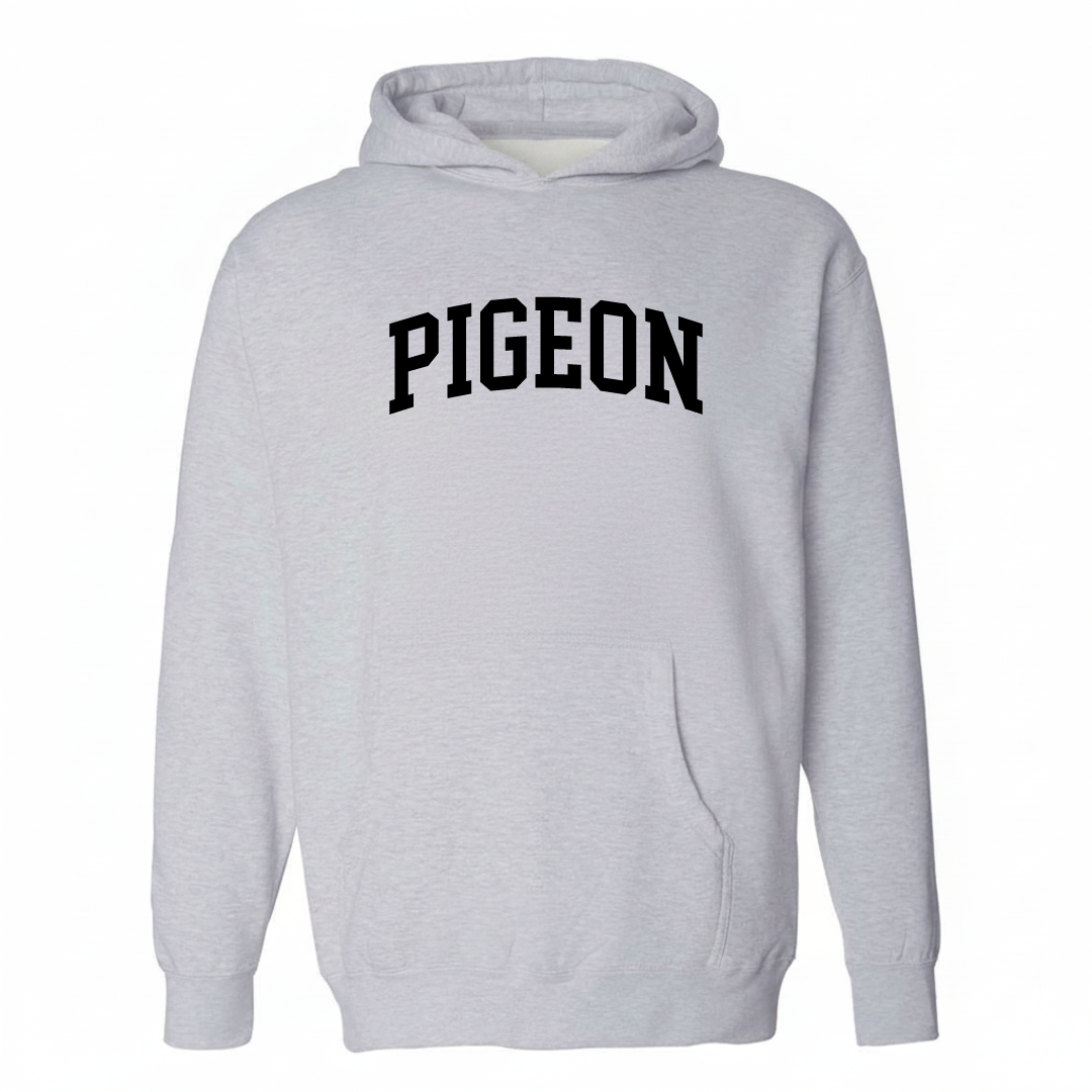 Heather-gray hoodie with the Pigeon, MI varsity arched lettering design on the chest.