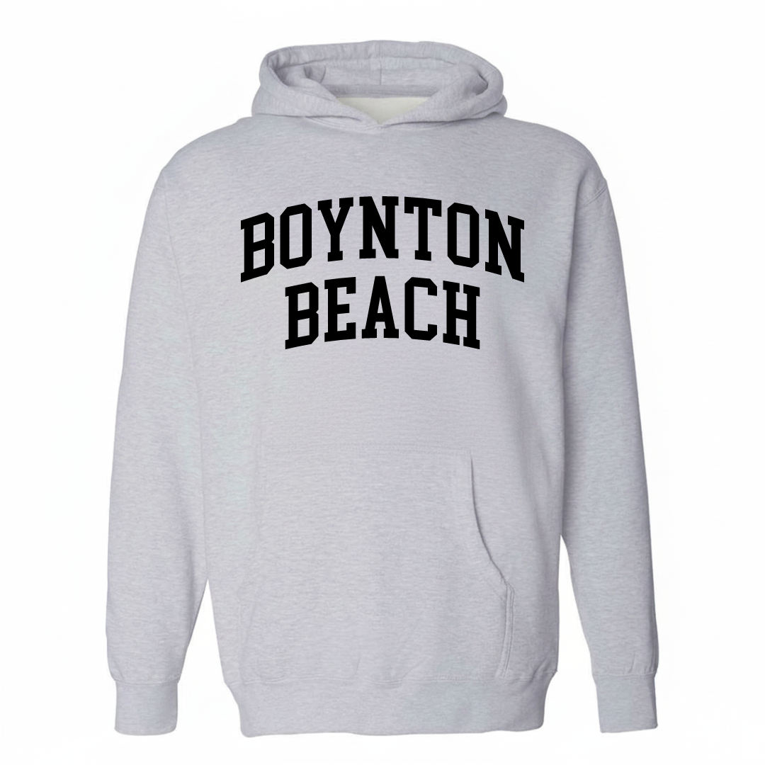 Heather-gray hoodie with the Boynton Beach varsity arched lettering design on the chest.
