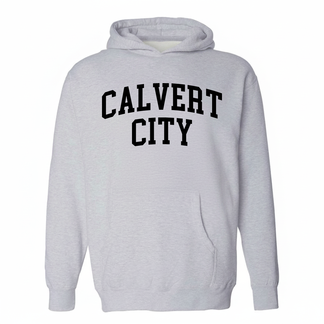 Heather-gray hoodie with the Calvert City varsity arched lettering design on the chest.
