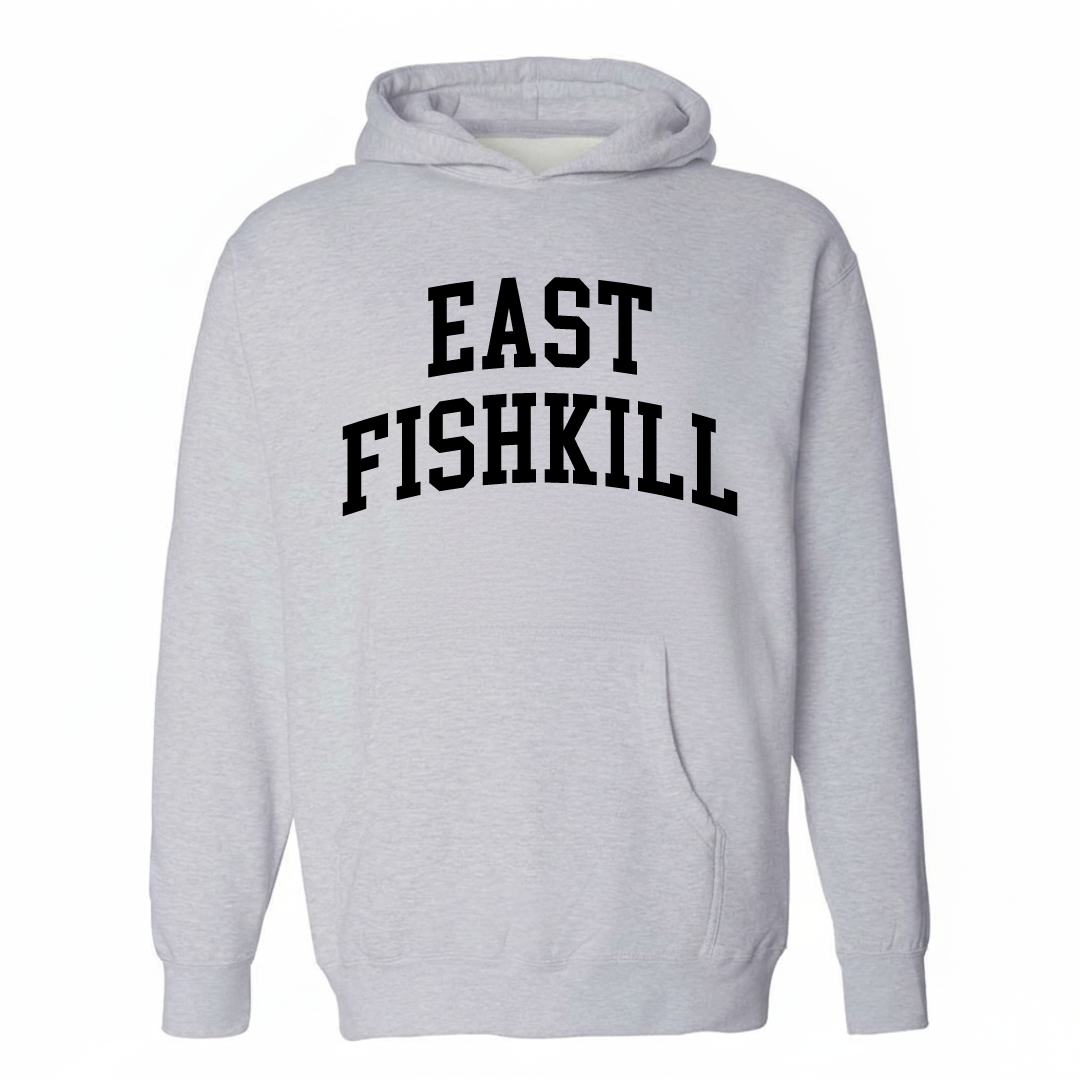 Heather-gray hoodie with the East Fishkill varsity arched lettering design on the chest.