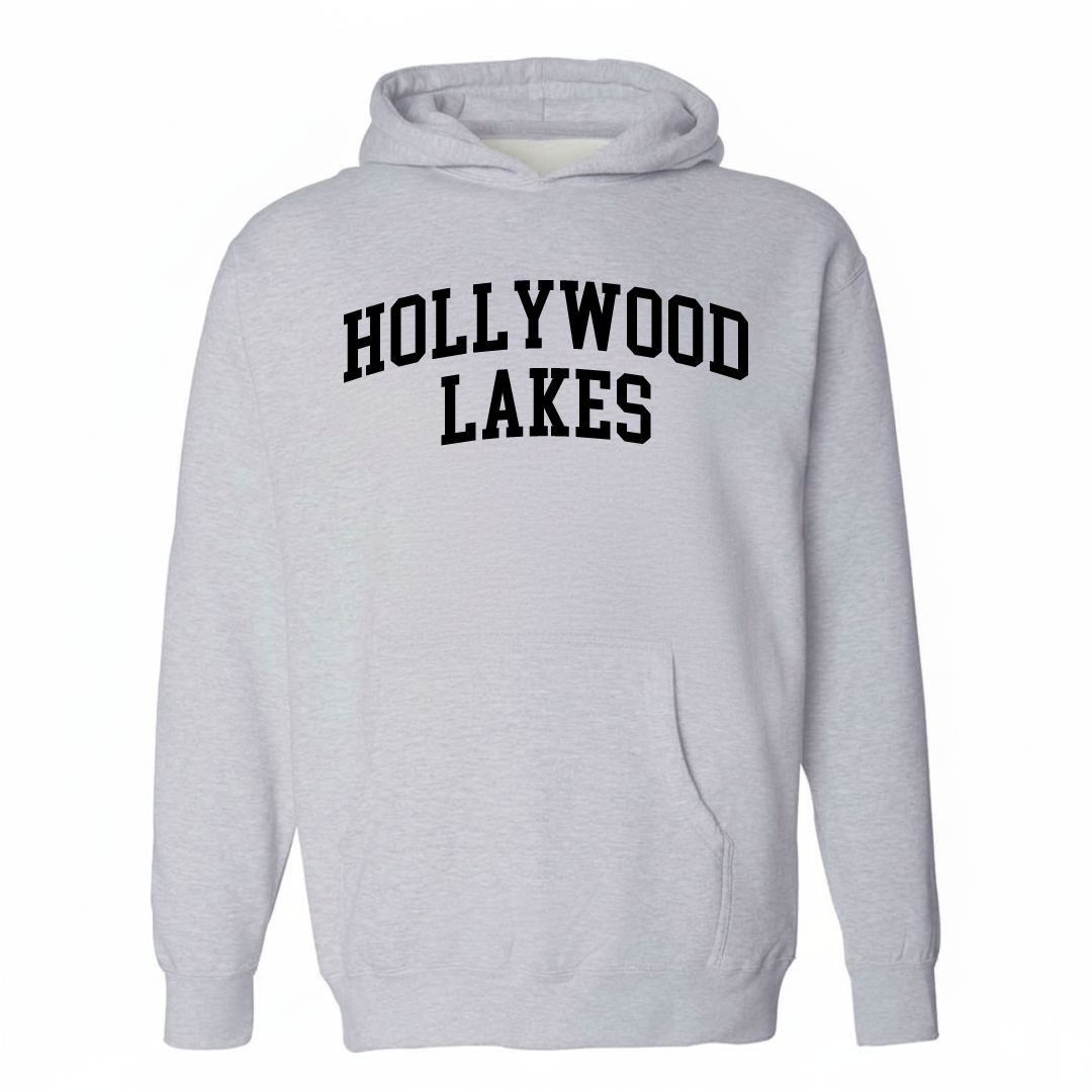 Heather-gray hoodie with the Hollywood Lakes varsity arched lettering design on the chest.