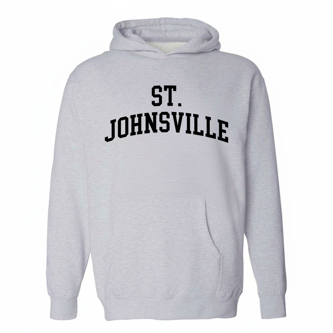 Heather-gray hoodie with the St. Johnsville arched lettering design on the chest.