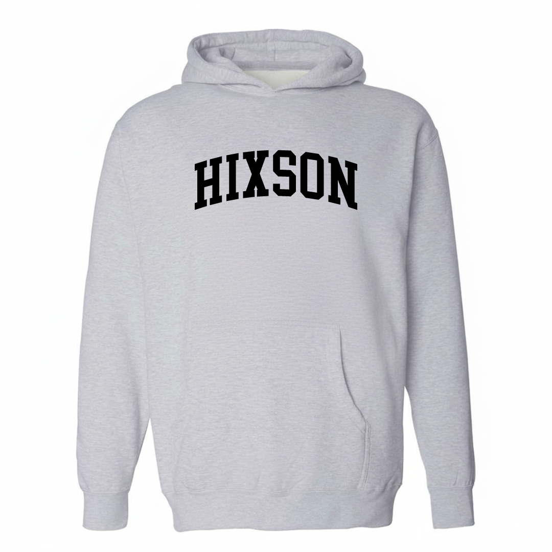 Heather-gray hoodie with the Hixson arched varsity lettering design on the chest.
