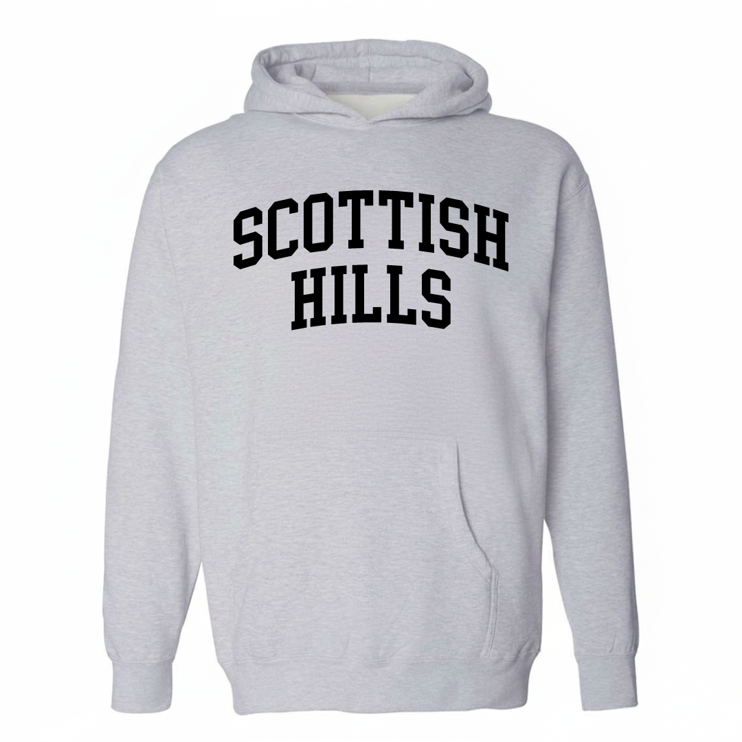 Heather-gray hoodie with the Scottish Hills varsity arched lettering design on the chest.