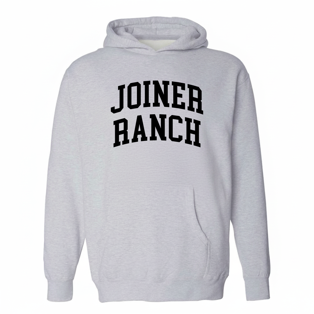 Heather-gray hoodie with the Joiner Ranch varsity arched lettering design on the chest.