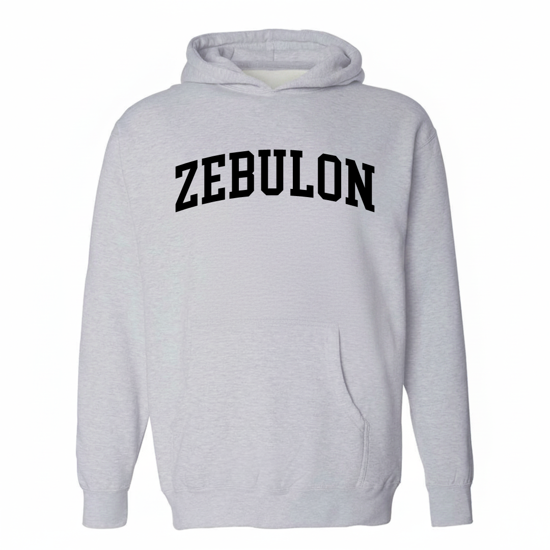 Heather-gray hoodie with the Zebulon varsity arched lettering design on the chest.