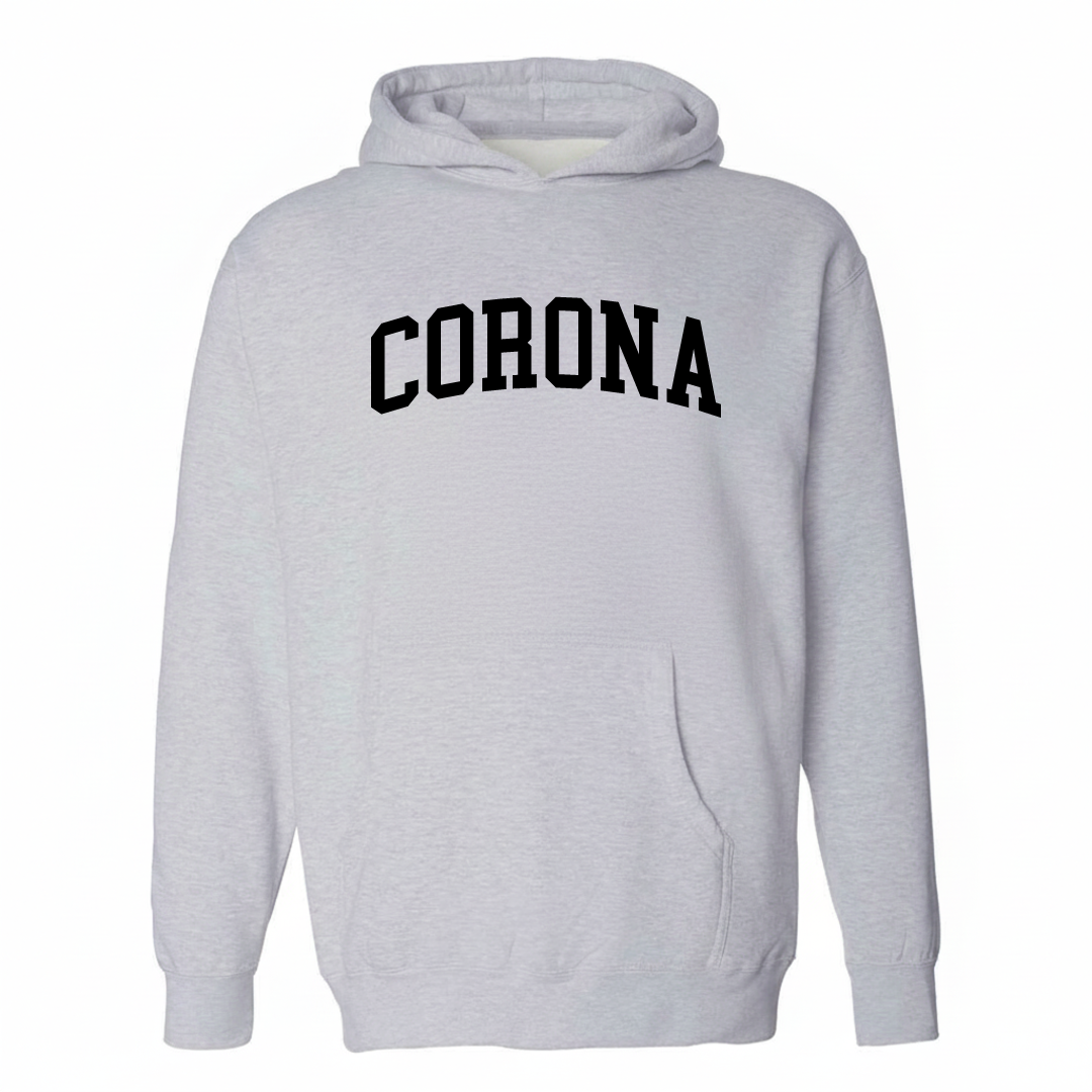 Heather-gray hoodie with the Corona Queens varsity arched lettering design on the chest.