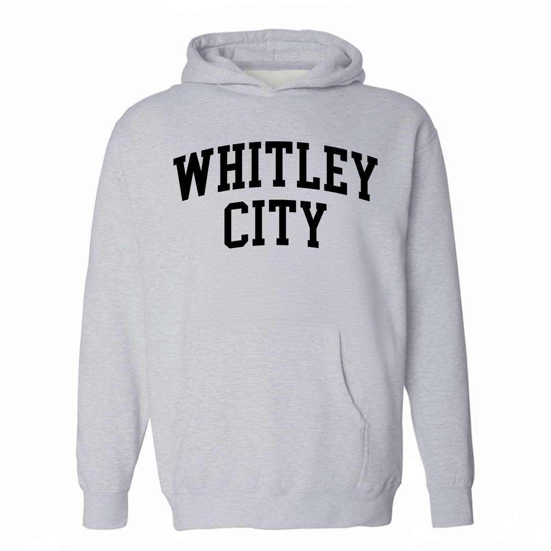 Heather-gray hoodie with the Whitley City varsity arched lettering design on the chest.