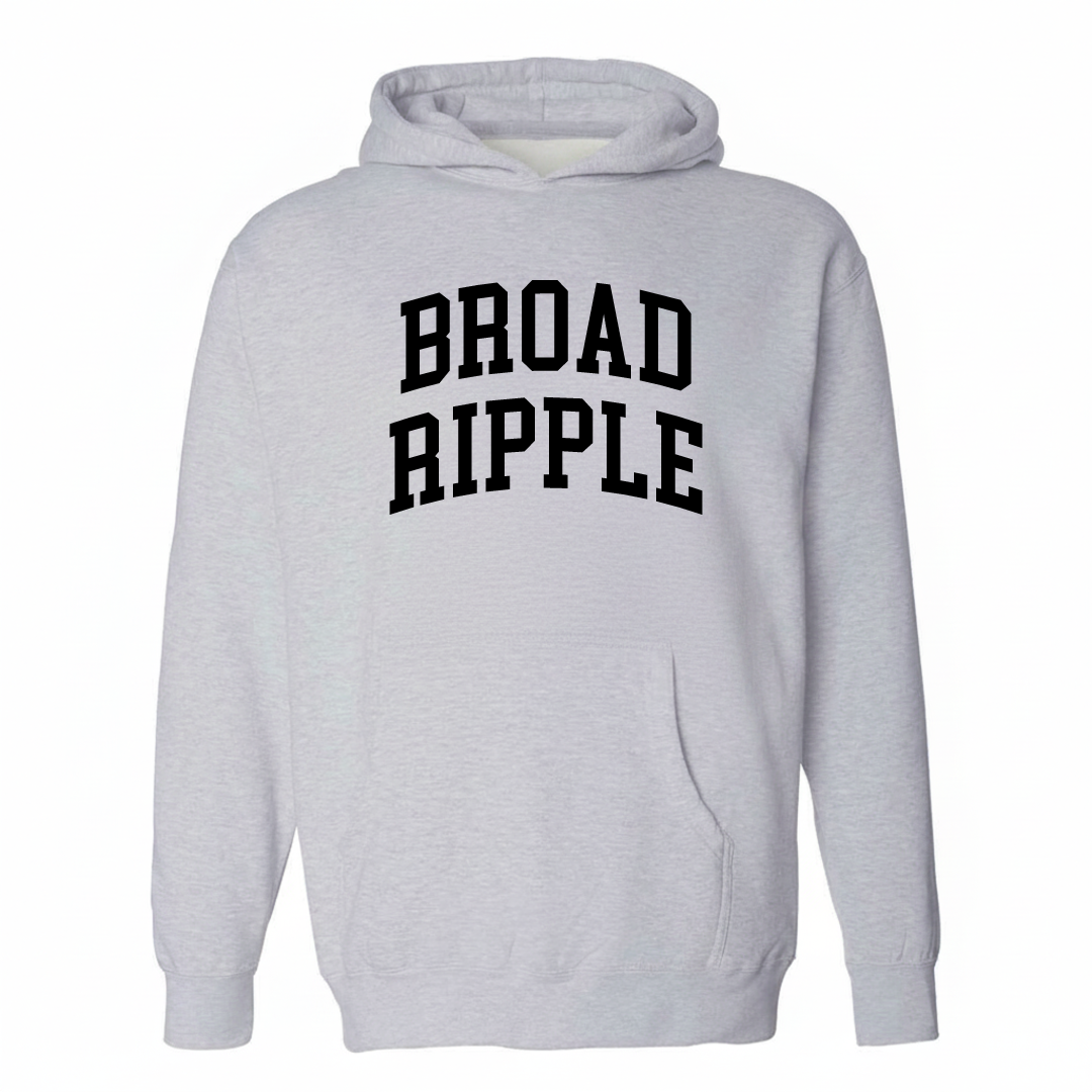 Heather-gray hoodie with the Broad Ripple arched varsity lettering design on the chest.