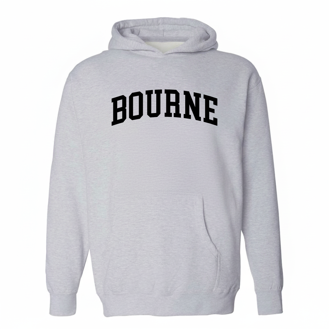Heather-gray hoodie with the Bourne varsity arched lettering design on the chest.