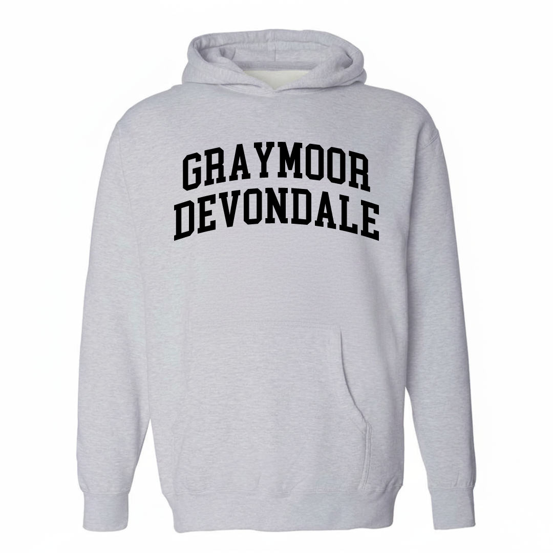 Heather-gray hoodie with the Graymoor-Devondale varsity arched lettering design on the chest.