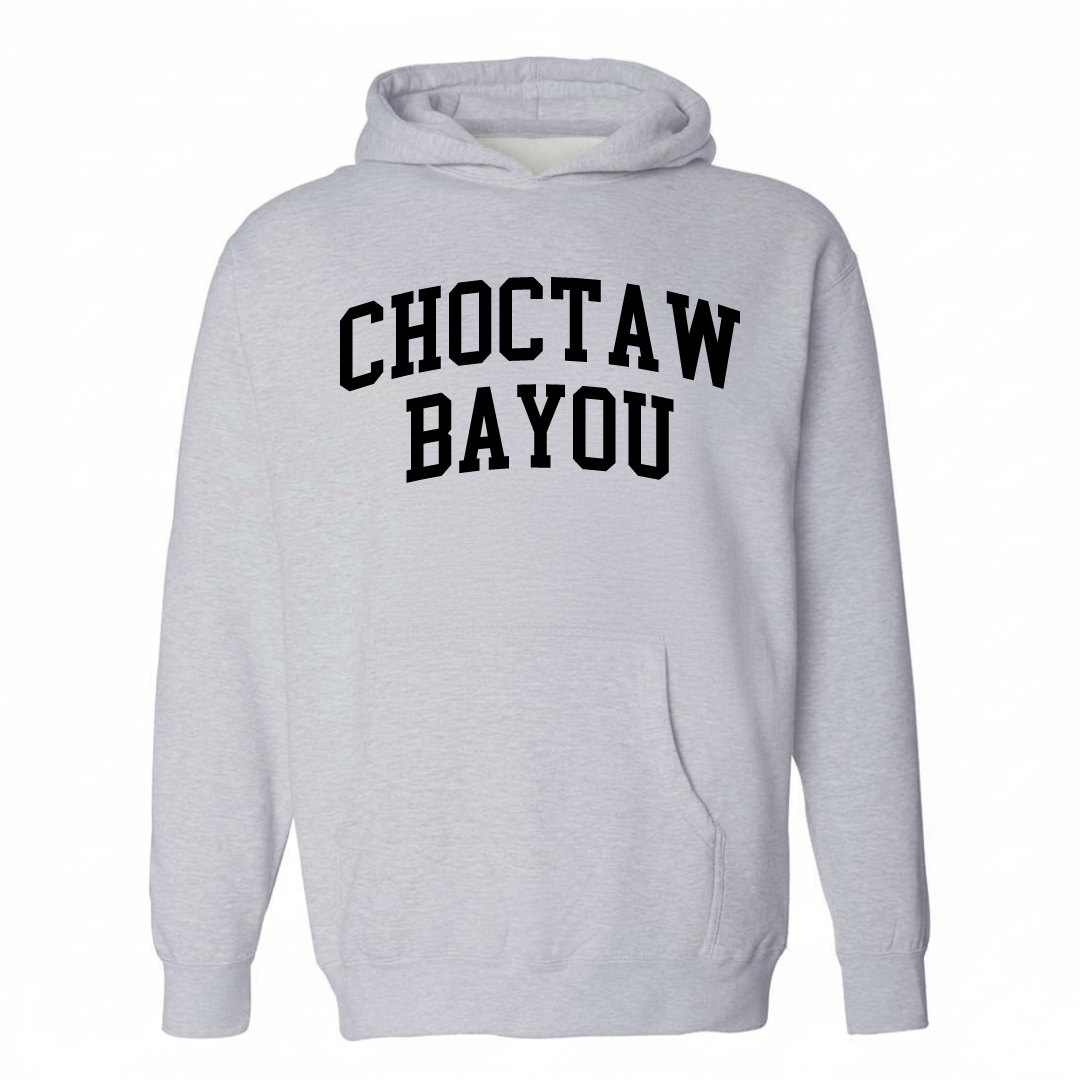 Heather-gray hoodie with the Choctaw Bayou varsity arched lettering design on the chest.