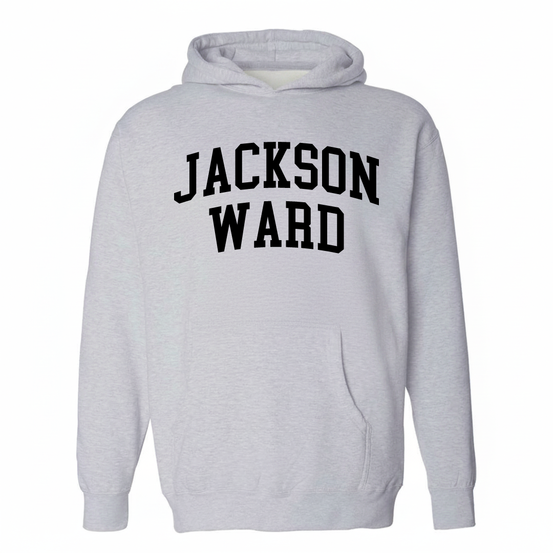 Heather-gray hoodie with the Jackson Ward varsity arched lettering design on the chest.