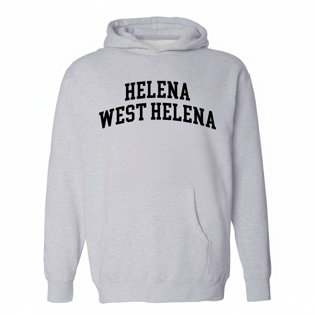 Heather-gray hoodie with the Helena-West Helena varsity arched lettering design on the chest.