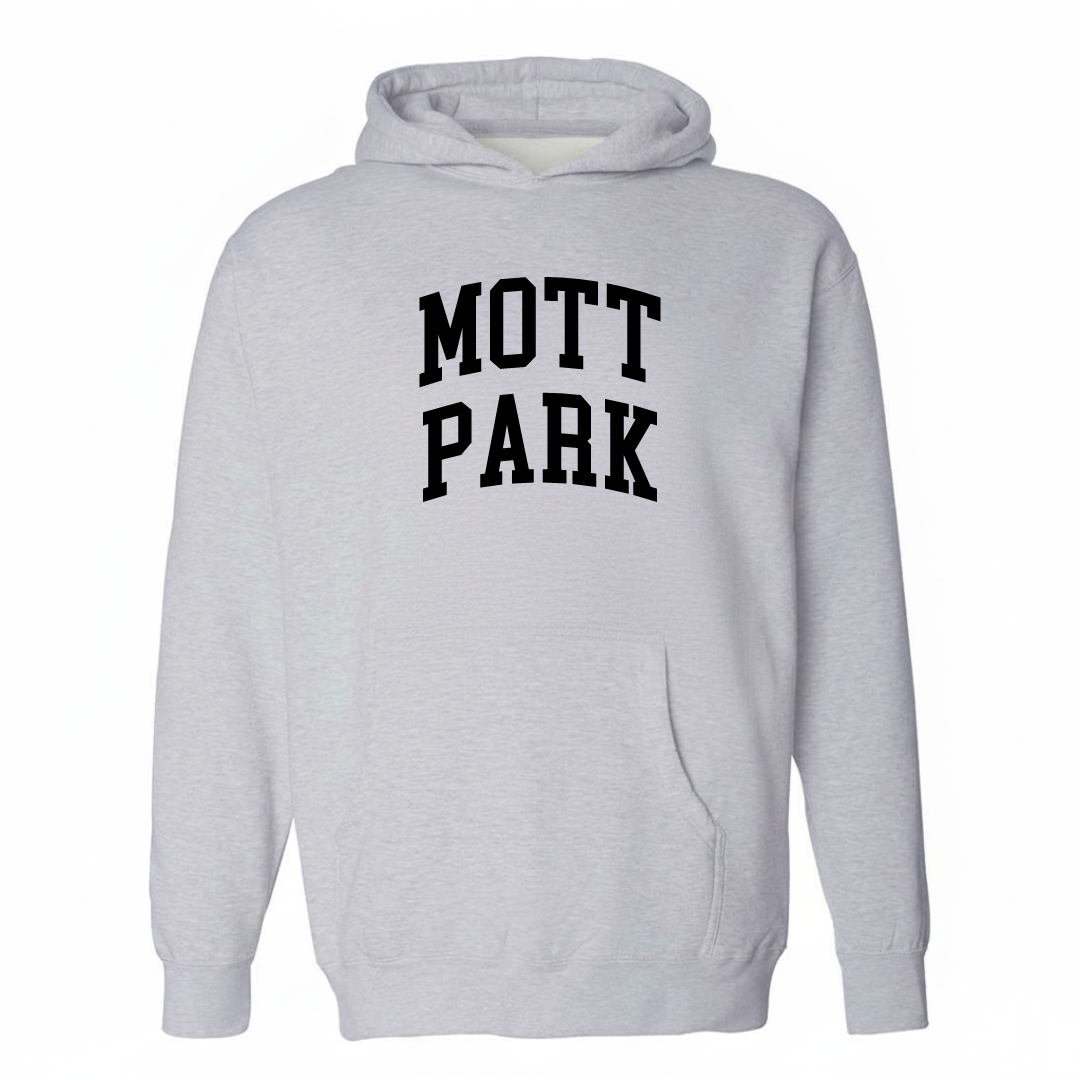 Heather-gray hoodie with the Mott Park varsity arched lettering design on the chest.