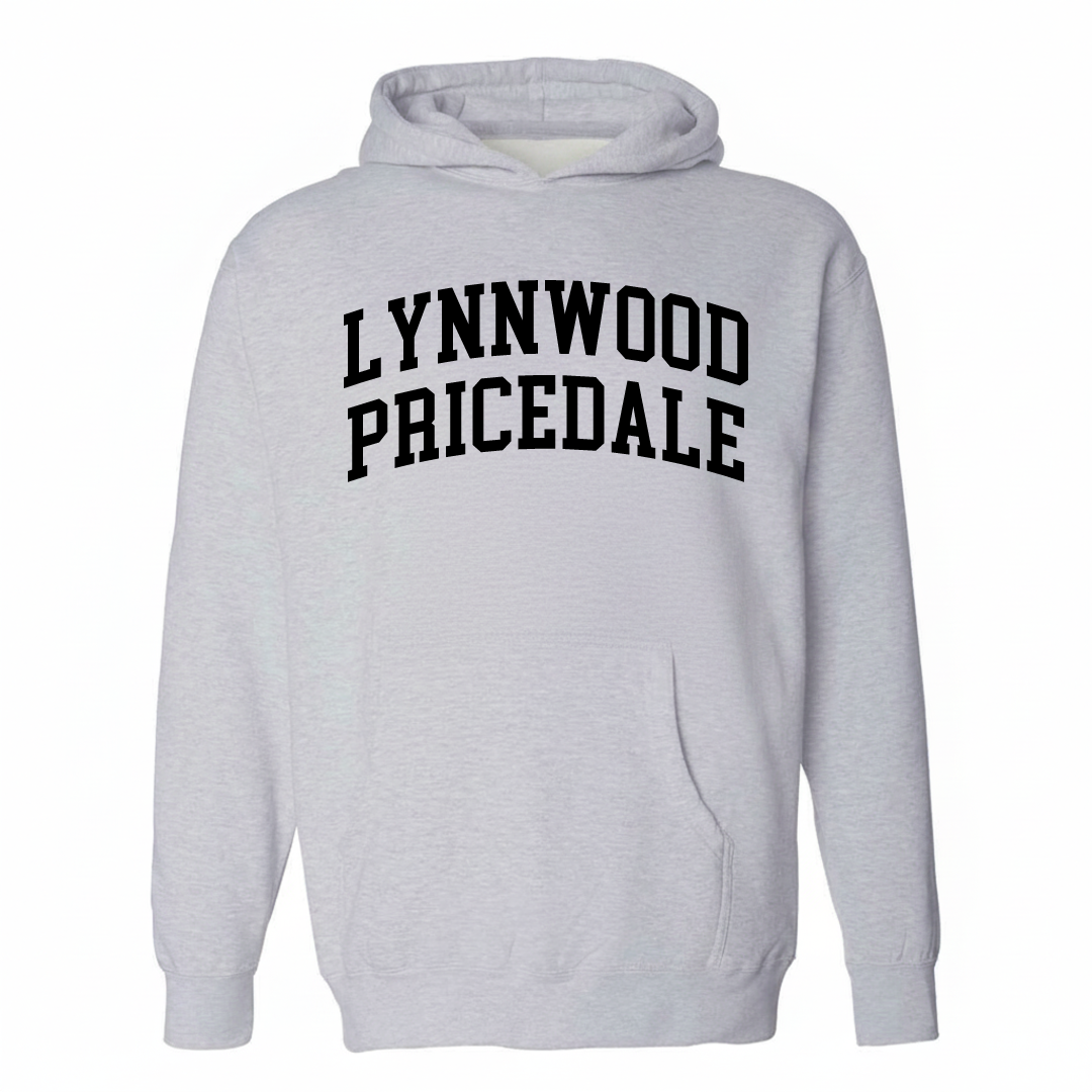 Heather-gray hoodie with the Lynnwood-Pricedale varsity arched lettering design on the chest.