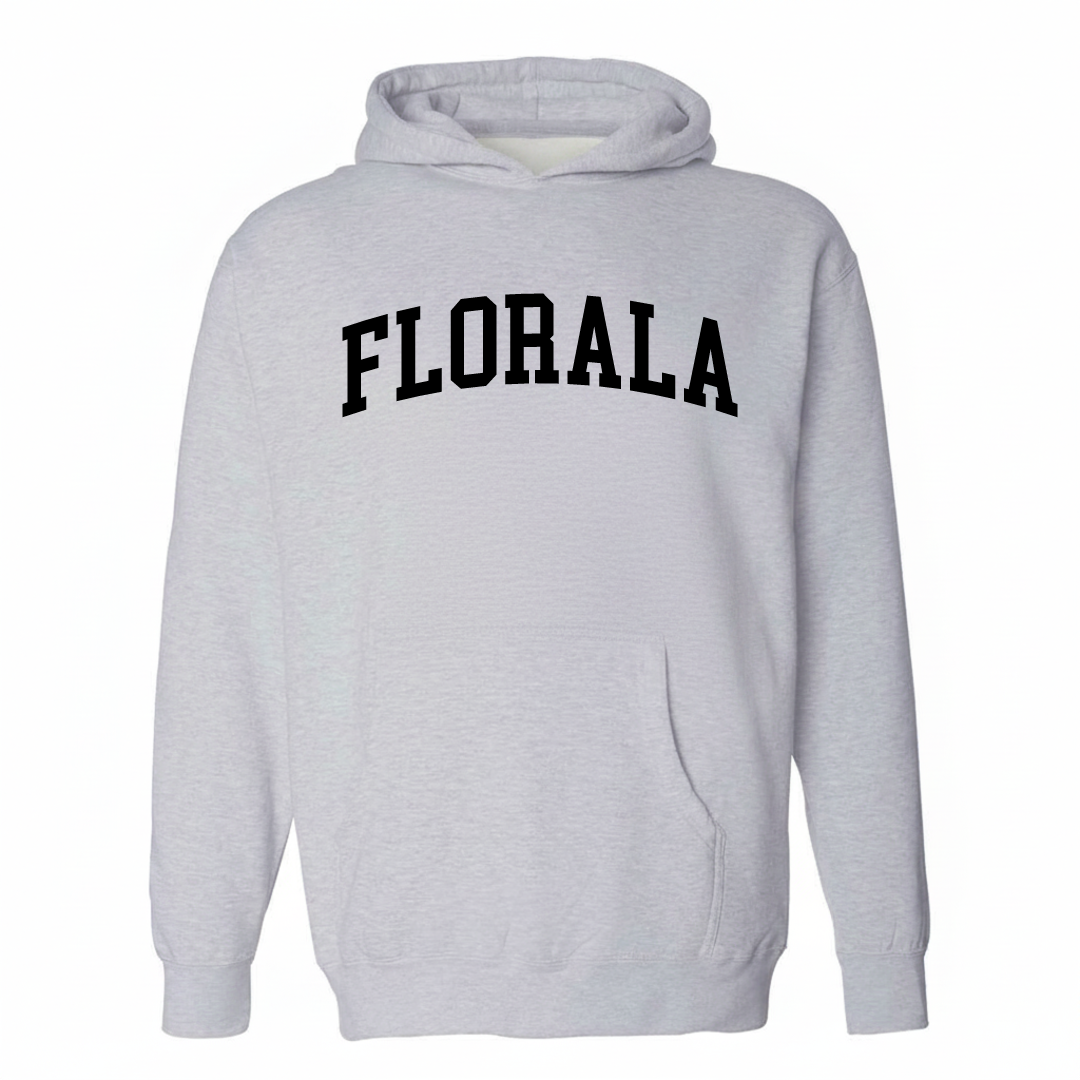 Heather-gray hoodie with the Florala varsity arched lettering design on the chest.