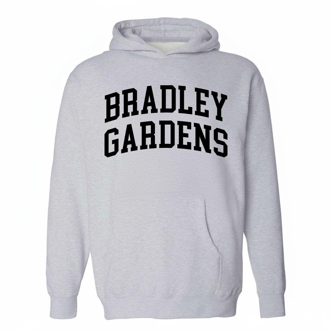Heather-gray hoodie with the Bradley Gardens varsity arched lettering design on the chest.