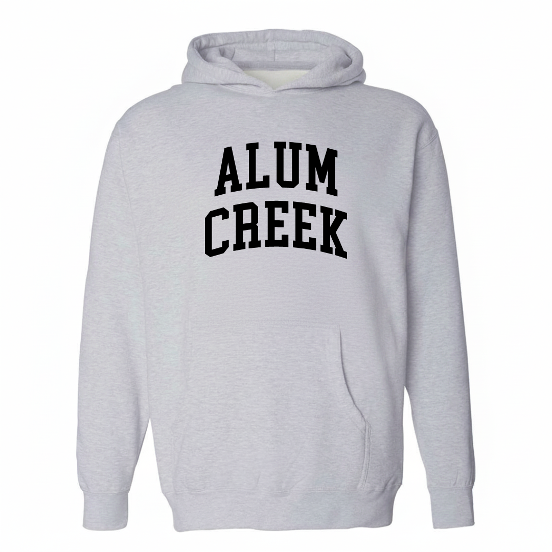 Heather-gray hoodie with the Alum Creek varsity arched lettering design on the chest.