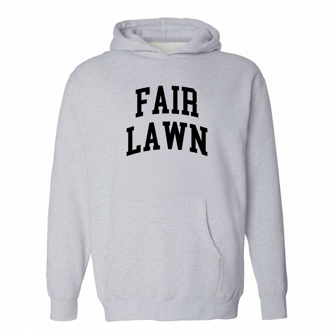 Heather-gray hoodie with the Fair Lawn arched varsity lettering design on the chest.