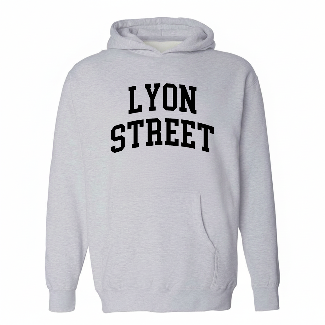 Heather-gray hoodie with the Lyon Street arched lettering varsity-collegiate design on the chest.