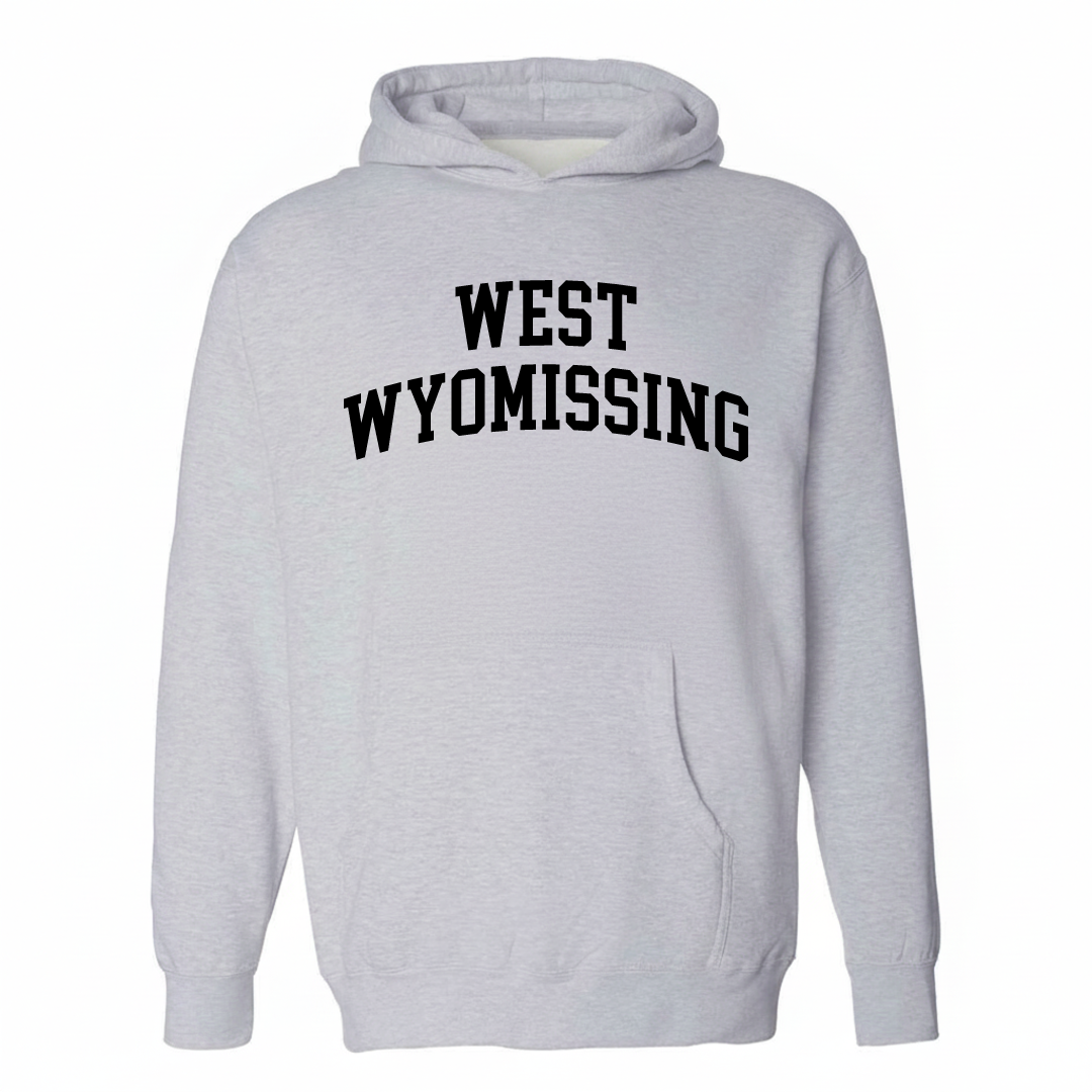 Heather-gray hoodie with the West Wyomissing varsity arched lettering design on the chest.