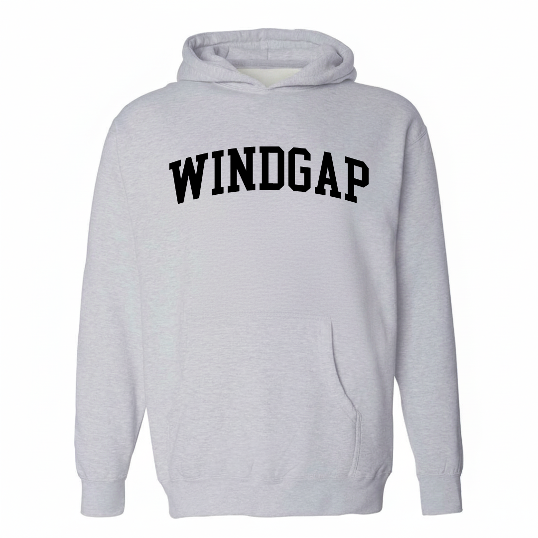 Heather-gray hoodie with the Windgap varsity arched lettering design on the chest.