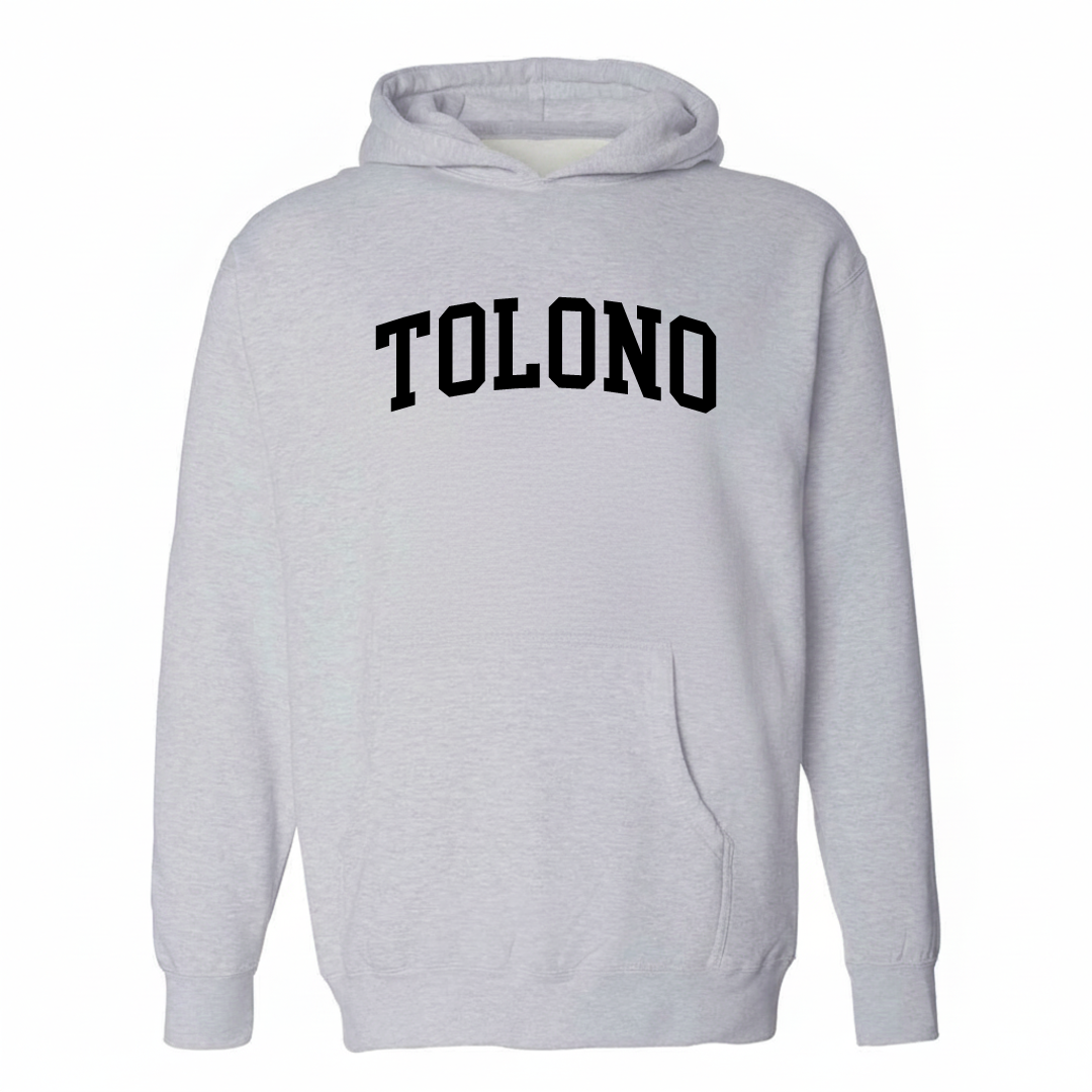 Heather-gray hoodie with the Tolono varsity arched lettering design on the chest.