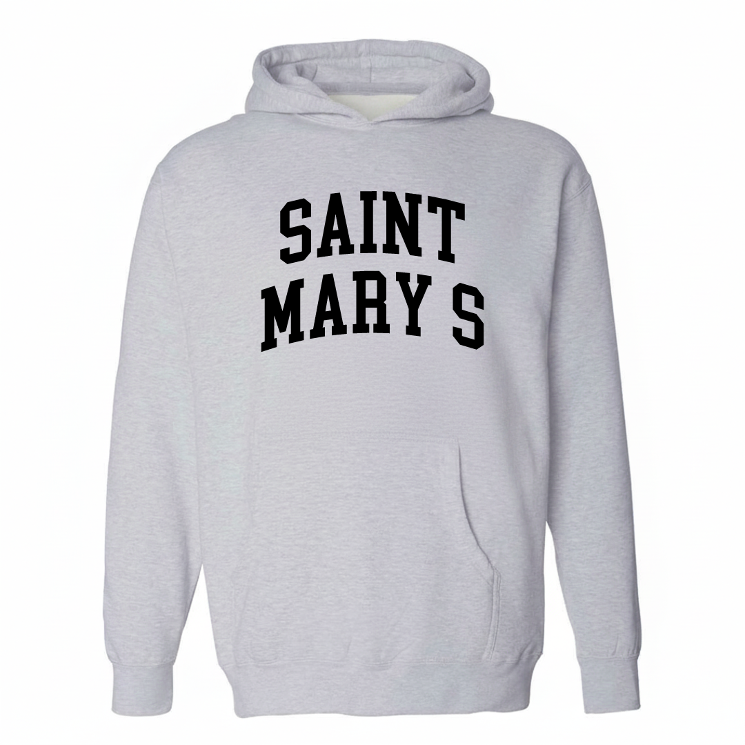 Heather-gray hoodie with the Saint Mary's varsity arched lettering design on the chest.