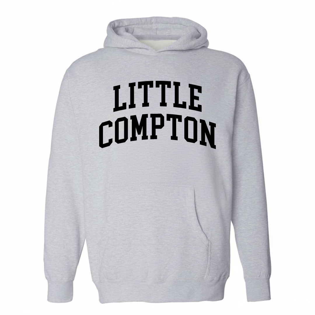 Heather-gray hoodie with the Little Compton varsity arched lettering design on the chest.