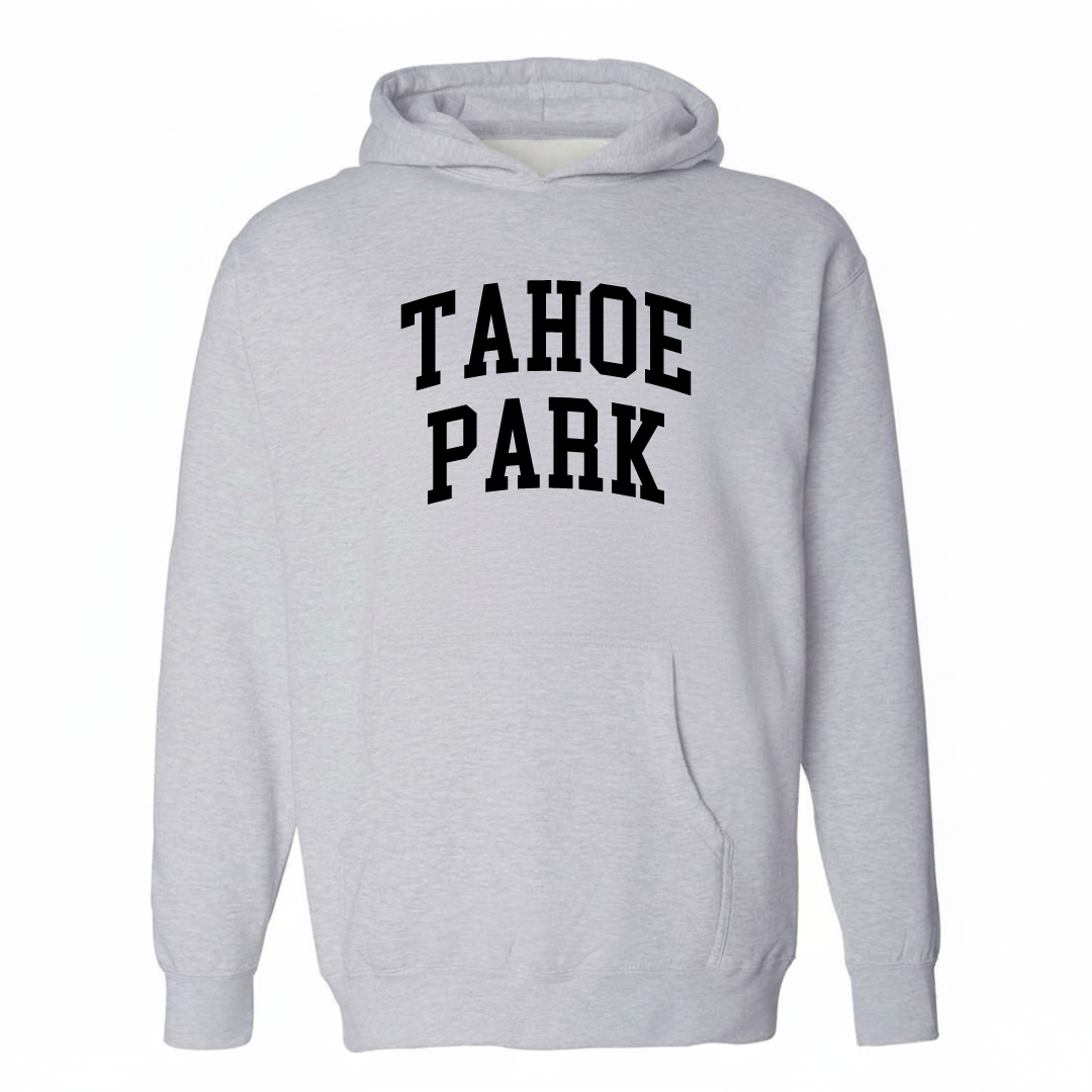 Heather-gray hoodie with the Tahoe Park varsity arched lettering design on the chest.