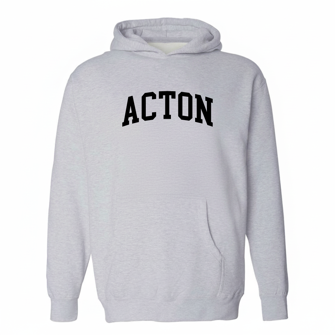 Heather-gray hoodie with the Acton arched varsity lettering design on the chest.