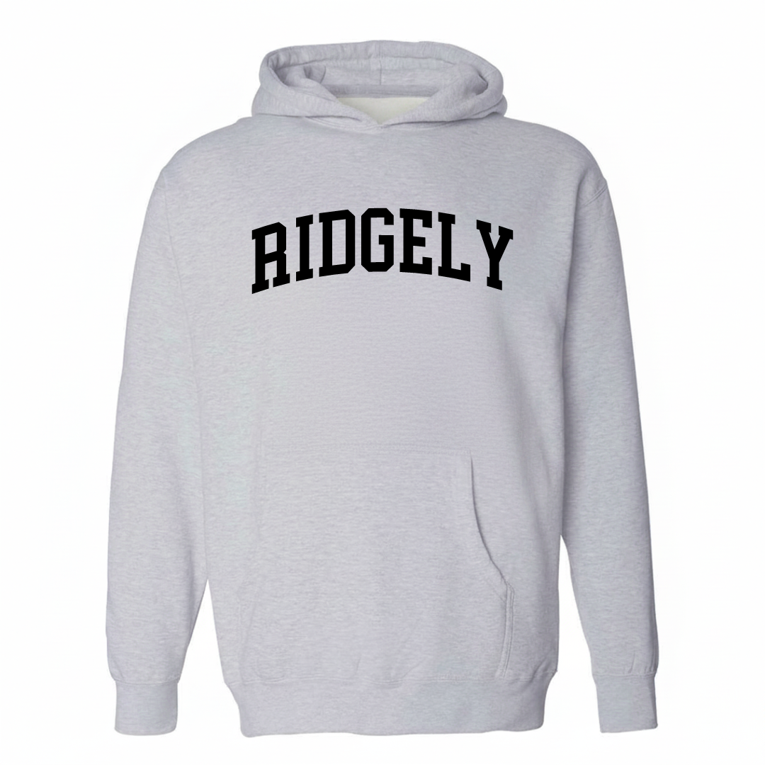 Heather-gray hoodie with the Ridgely arched lettering varsity-collegiate design on the chest.